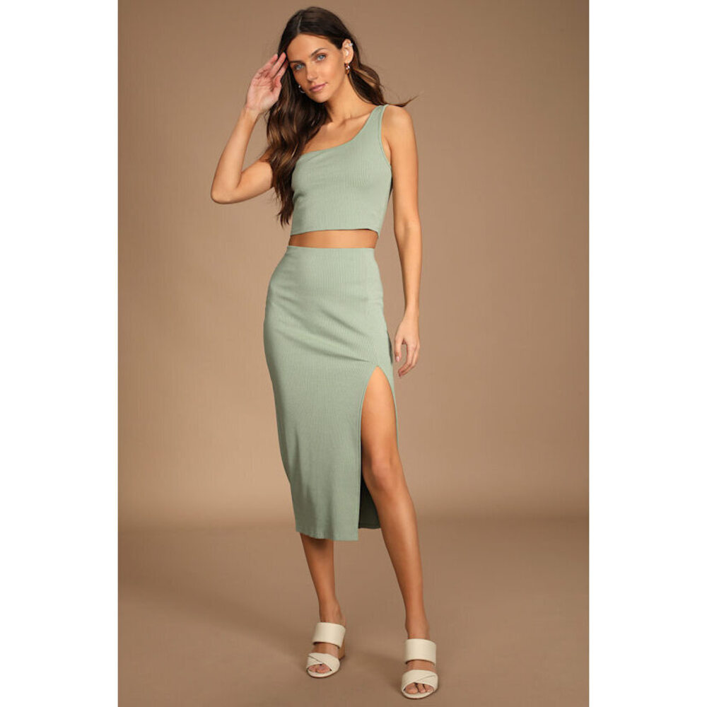 Lulus Phenomenal Style Sage Ribbed One-shoulder Two-piece Midi Dress Green